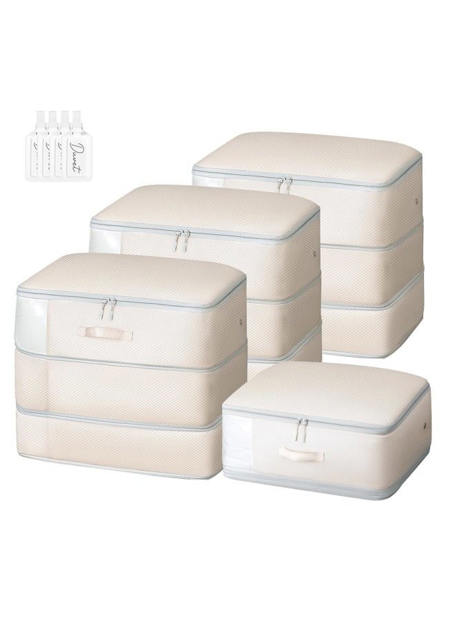 Easortm Comforter Storage Bag - Large Capacity Blanket Storage Bags 3-Layer Ultra Space Saving Self Compression Organizer, Washable Compression Bags for Storage Comforter Blanket, 4-Pack, Beige - Image 1