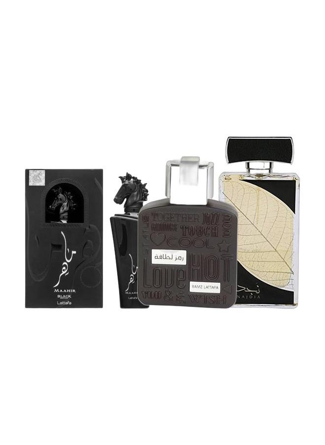 Lattafa Najdia EDP 100ml, Ramz EDP 100ml, and Maahir Black Edition EDP 100ml  - Image 1
