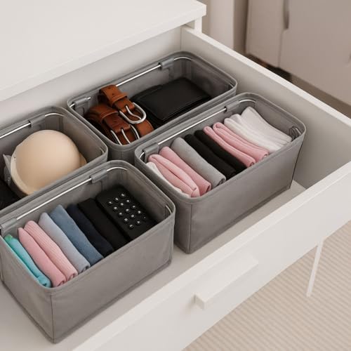 Deconox 4-Pack Foldable Drawer Organizers with Metal Frame Support – Sturdy Fabric Storage Bins for Socks, Underwear, Baby Clothes & Belts, Closet Dividers (Grey) (11.8 x 5.9 x 4.21 inc) - Image 1