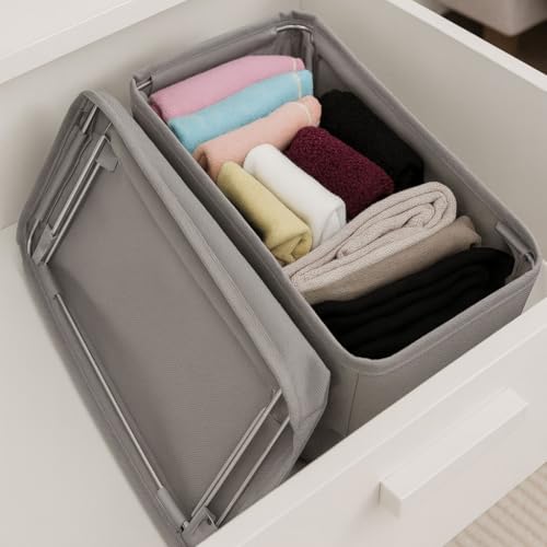 Deconox 4-Pack Foldable Drawer Organizers with Metal Frame Support – Sturdy Fabric Storage Bins for Socks, Underwear, Baby Clothes & Belts, Closet Dividers (Grey) (11.8 x 5.9 x 4.21 inc) - Image 5