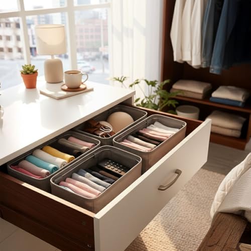 Deconox 4-Pack Foldable Drawer Organizers with Metal Frame Support – Sturdy Fabric Storage Bins for Socks, Underwear, Baby Clothes & Belts, Closet Dividers (Grey) (11.8 x 5.9 x 4.21 inc) - Image 3