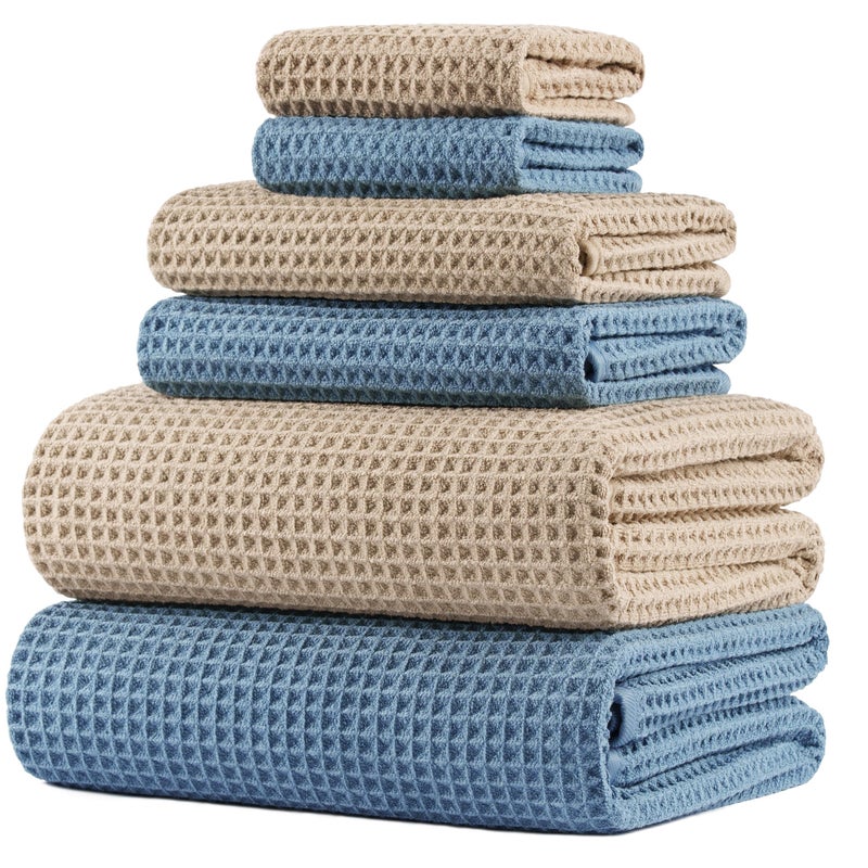 POLYTE 430 GSM Microfiber Quick Dry Lint Free Oversize Bath Towel Set, 6 Piece (Waffle Weave) - Image 1