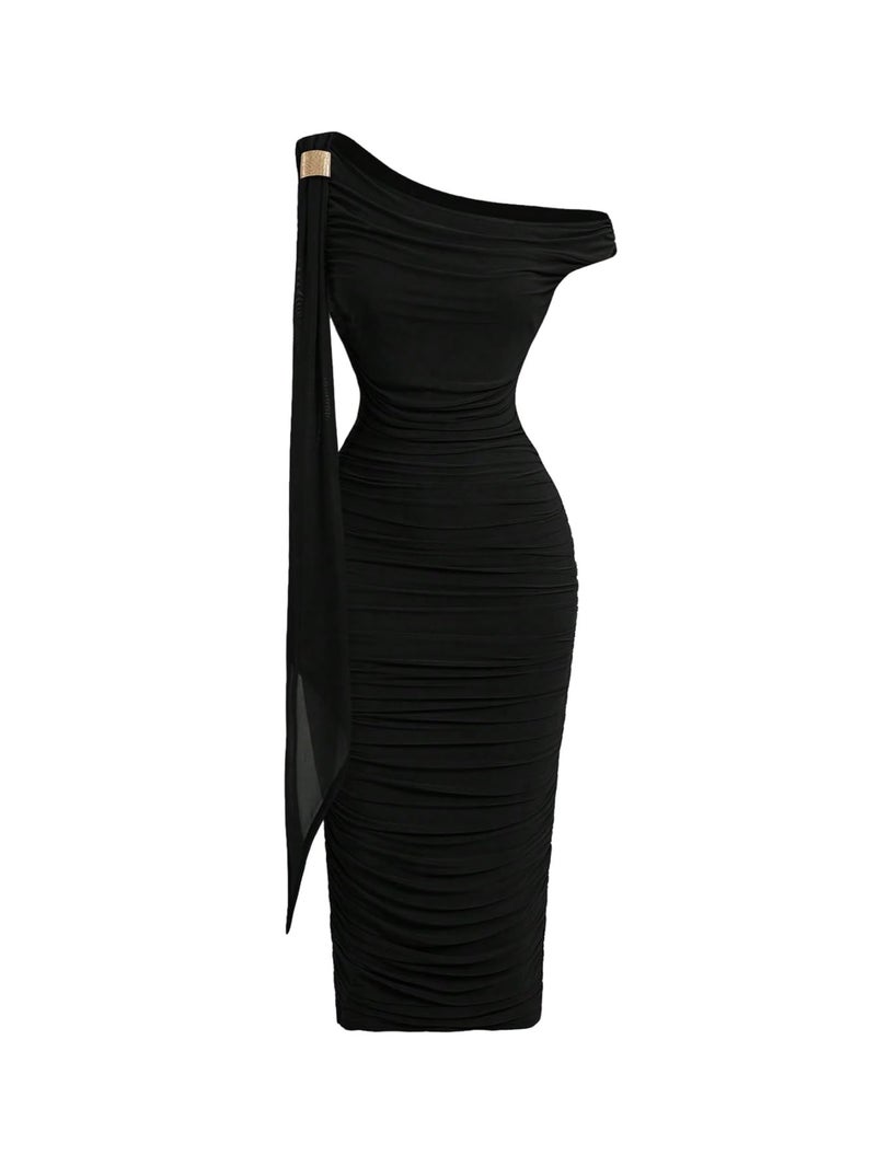 Floerns Women's Elegant Off The Shoulder Midi Dress Metal Sleeveless Ruched Slim Fit Bodycon Party Dresses Black Small - Image 1
