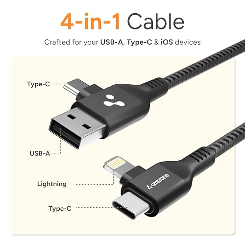 Ambrane 4 in 1 Multi-Functional Charging Cable | Fast Charging & Data Sync | Universal USB, Type-C, Lightning Cable | Compatible with Android, iPhone, Tablets, and USB-C Devices (AC4CL-15,Black) - Image 3