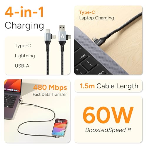 Ambrane 4 in 1 Multi-Functional Charging Cable | Fast Charging & Data Sync | Universal USB, Type-C, Lightning Cable | Compatible with Android, iPhone, Tablets, and USB-C Devices (AC4CL-15,Black) - Image 2