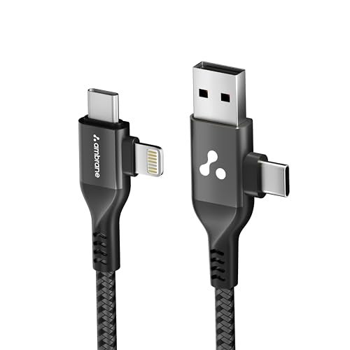 Ambrane 4 in 1 Multi-Functional Charging Cable | Fast Charging & Data Sync | Universal USB, Type-C, Lightning Cable | Compatible with Android, iPhone, Tablets, and USB-C Devices (AC4CL-15,Black) - Image 1