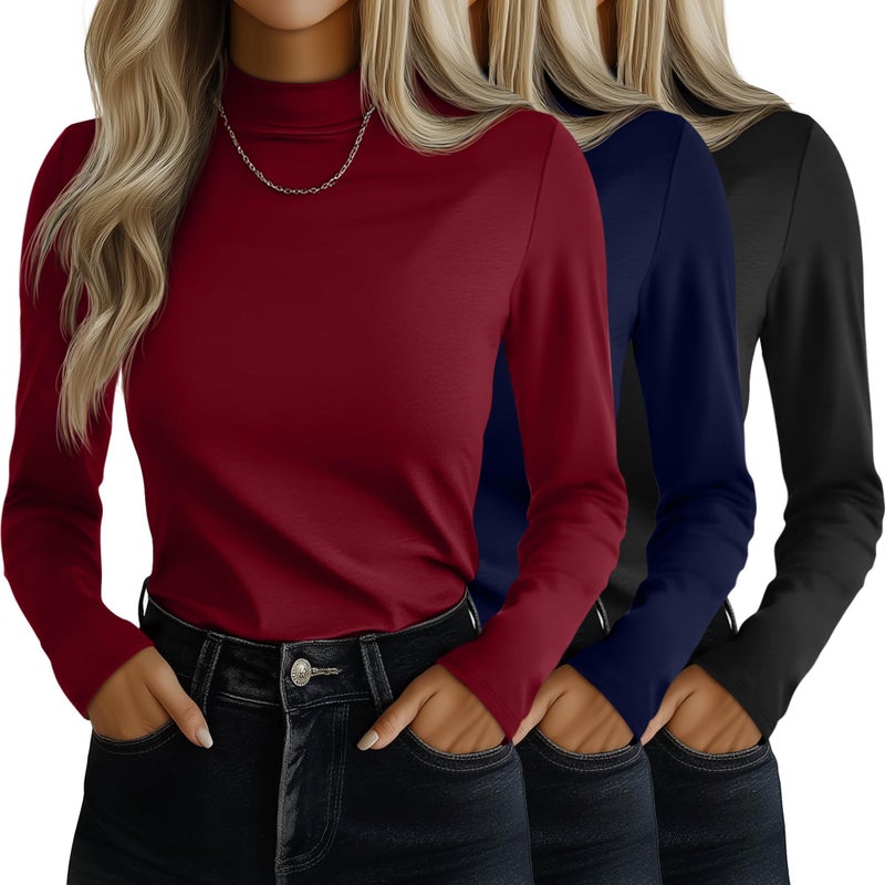 Ficerd 3 Pack Womens Mock Turtleneck Shirts Long Sleeve Mock Neck Pullover Tops Slim Fitted Stretch Undershirt Tee BlouseBlack Navy Blue Wine RedMedium - Image 2
