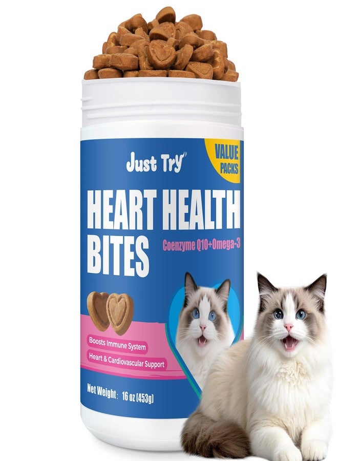 جرب عبوات Just Try 16 أونصة من مكافآت Coenzyme Q10 Heart Healthy Bites للقطط - مكمل غذائي متطور يحتوي على Coq10 والتورين لصحة قلب القطط - قطع مضغ طرية بنكهة الدجاج - يدعم وظائف القلب - Image 1