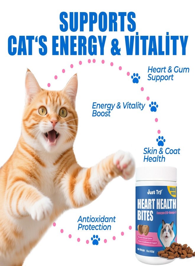 جرب عبوات Just Try 16 أونصة من مكافآت Coenzyme Q10 Heart Healthy Bites للقطط - مكمل غذائي متطور يحتوي على Coq10 والتورين لصحة قلب القطط - قطع مضغ طرية بنكهة الدجاج - يدعم وظائف القلب - Image 2