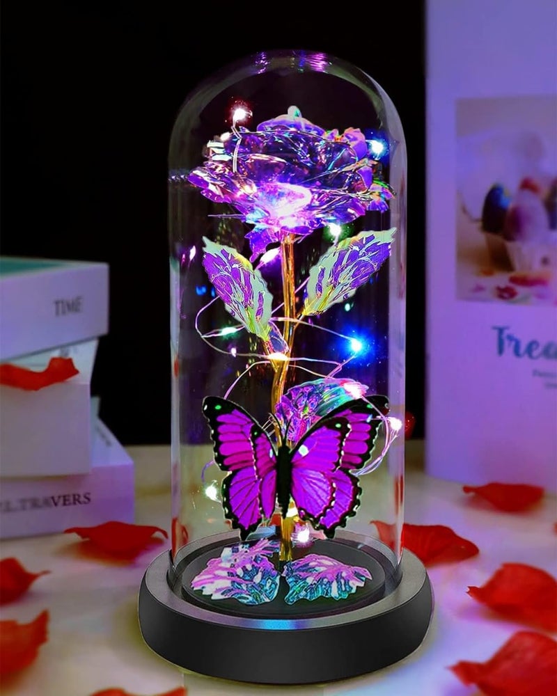 Fariox Valentines Day Flowers Gifts for Girlfriend Women Wife Galaxy Glass Rose in Glass DomeBeauty and The Beast Rose Forever Light Up Rose Valentines Day AnniversaryPurple Butterfly - Image 1
