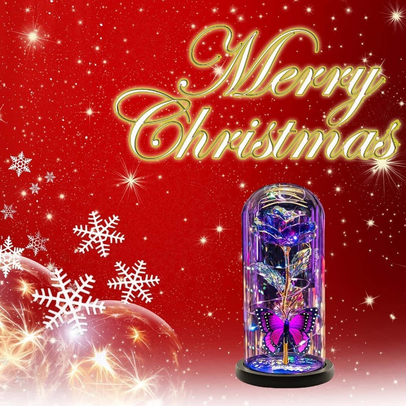 Fariox Valentines Day Flowers Gifts for Girlfriend Women Wife Galaxy Glass Rose in Glass DomeBeauty and The Beast Rose Forever Light Up Rose Valentines Day AnniversaryPurple Butterfly - Image 3