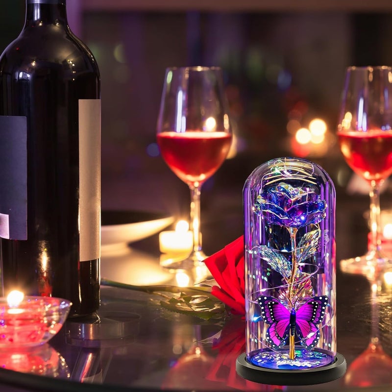 Fariox Valentines Day Flowers Gifts for Girlfriend Women Wife Galaxy Glass Rose in Glass DomeBeauty and The Beast Rose Forever Light Up Rose Valentines Day AnniversaryPurple Butterfly - Image 4
