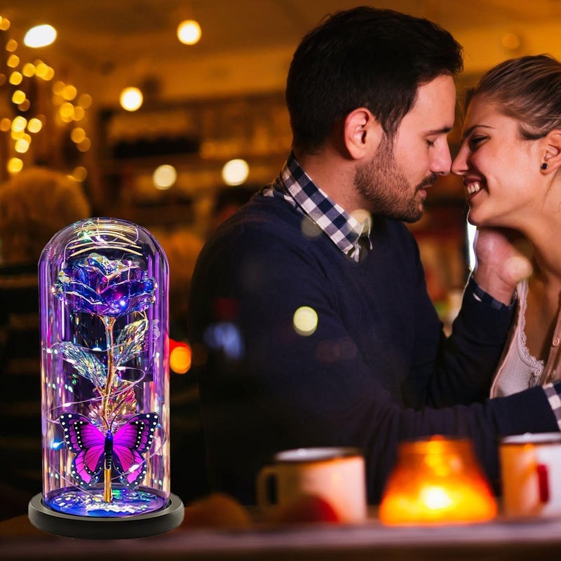 Fariox Valentines Day Flowers Gifts for Girlfriend Women Wife Galaxy Glass Rose in Glass DomeBeauty and The Beast Rose Forever Light Up Rose Valentines Day AnniversaryPurple Butterfly - Image 5