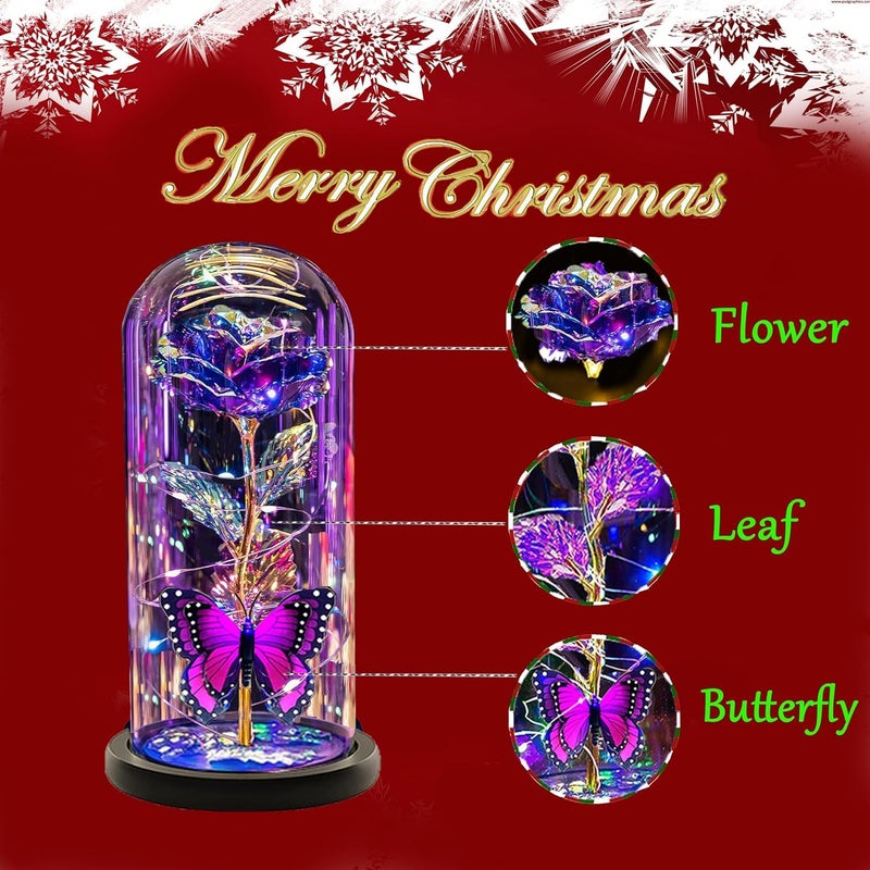 Fariox Valentines Day Flowers Gifts for Girlfriend Women Wife Galaxy Glass Rose in Glass DomeBeauty and The Beast Rose Forever Light Up Rose Valentines Day AnniversaryPurple Butterfly - Image 2