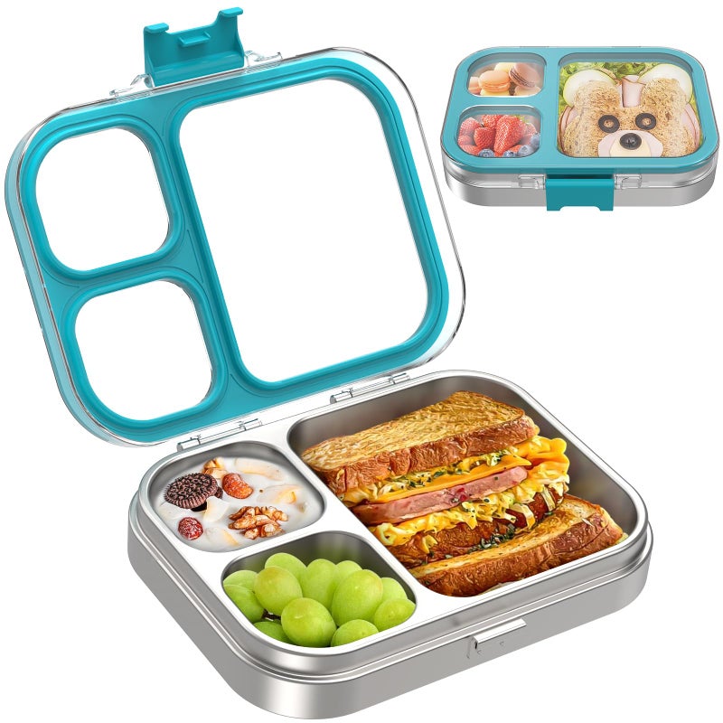 LOHASOK Kids Stainless Steel Bento Box with Silicone Lid Leakproof Toddlers Lunch Container 3 Compartments Dishwasher Safe Blue
