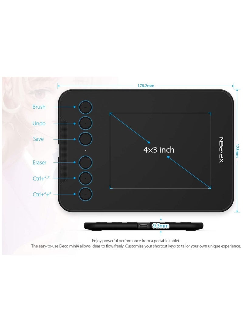 XP-PEN - Deco mini4 Drawing Tablet  Graphic Tablet Pen Tablet with 8192 Levels Pressure, 4 x 3 inch Artist Tablet 6 Shortcut Keys for Student E-Learning and Online Teaching Compatible with Chromebook - Image 1