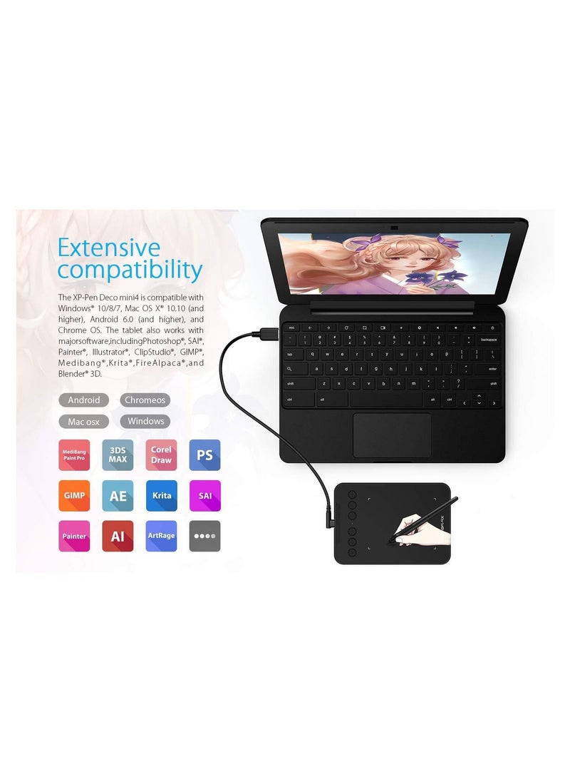 XP-PEN - Deco mini4 Drawing Tablet  Graphic Tablet Pen Tablet with 8192 Levels Pressure, 4 x 3 inch Artist Tablet 6 Shortcut Keys for Student E-Learning and Online Teaching Compatible with Chromebook - Image 1