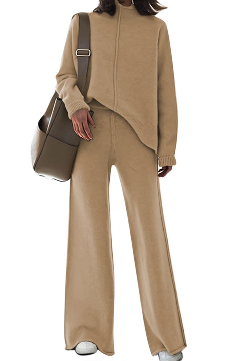 Fixmatti Women 2 Piece Knitted Outfit Long Sleeve Turtleneck Sweater Top and Wide Leg Pant Set Sweatsuit S