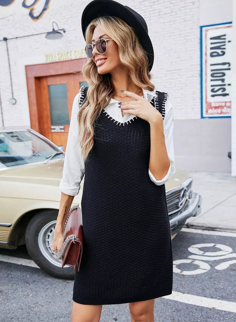 Contrast Binding Sweater Dress Without Blouse - Image 3