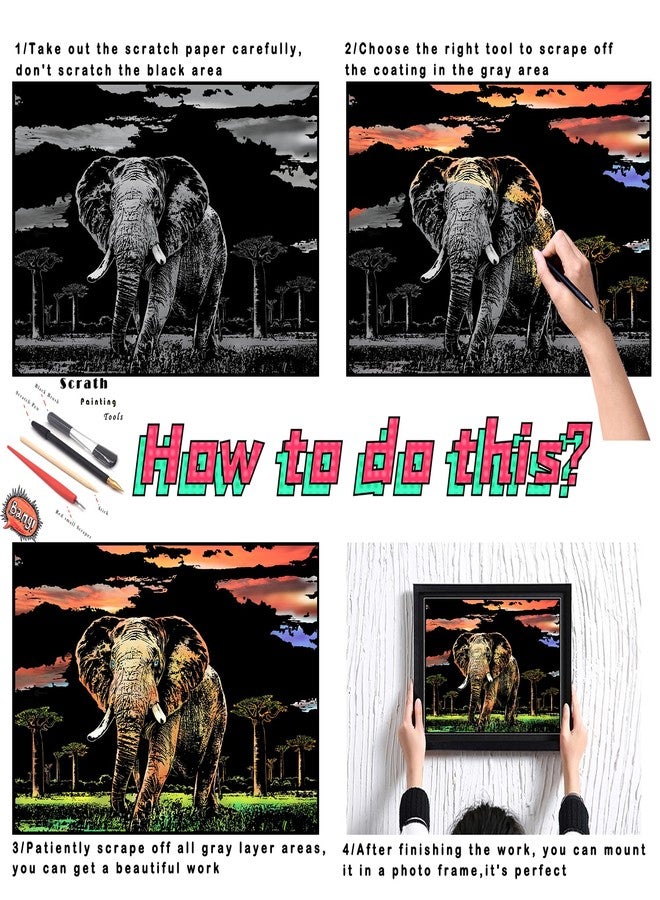 BOTEEN ورق رسم قوس قزح قابل للخدش من بوتين، فن الخدش والرسم للأطفال والكبار، سلسلة حيوانات، هدايا إبداعية يمكنك صنعها بنفسك ومجموعات فنية وحرفية مع 4 أدوات، 16 × 11 (فيل وغزال) - Image 3