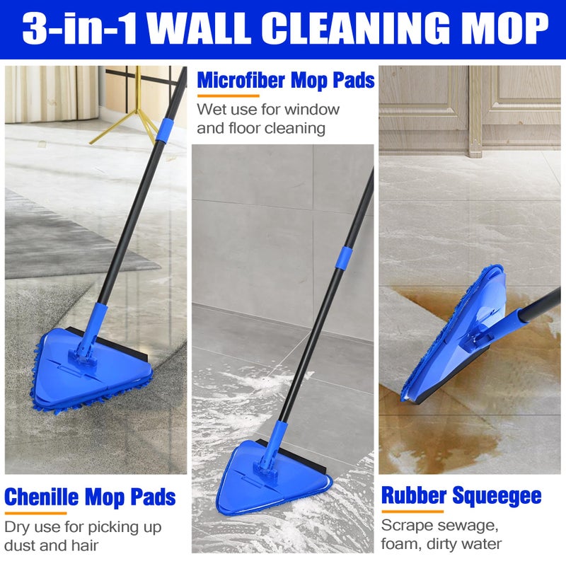 Dolanx Wall Mop Cleaner Long Handle 80 inches, 180Â° Folding Ceiling Washer Scrubber and Squeegee, Triangle Baseboard Cleaning Tool Duster with 6 Microfiber Chenille Pads for Painted Walls Window Floor - Image 4