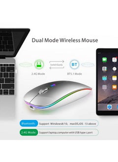 TENMOS Wireless Bluetooth Mouse Led Slim Dual Mode (Bluetooth 5.1 + Usb) 2.4Ghz Rechargeable Silent Bluetooth Wireless Mouse With Type C Adapter For Laptop Macbook Ipad Os 13 And Above (Silver)  - Image 4