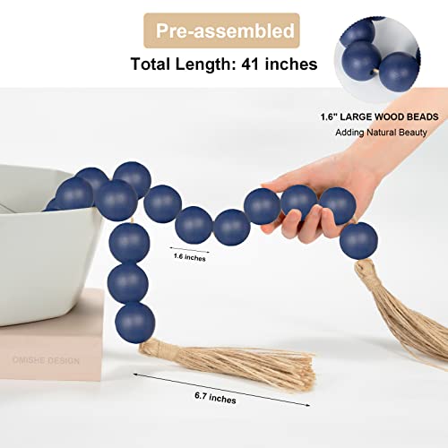 OMISHE Extra Large Wood Bead Garland in Navy Blue with 1.6" Diameter Wooden Beads and Tassels, 41" Long Rustic Farmhouse Country Decorative Beads for Home Wooden Decor, Navy Blue - Image 4