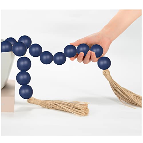 OMISHE Extra Large Wood Bead Garland in Navy Blue with 1.6" Diameter Wooden Beads and Tassels, 41" Long Rustic Farmhouse Country Decorative Beads for Home Wooden Decor, Navy Blue - Image 1