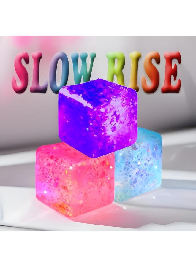 Glitter Squishy Cube Pack of 3 - Fidget Toys for Kids, Slow Rise Stress Cubes for Adults, Ice Cube Squishy Malt Sugar Stress Balls for Anxiety Relief & Classroom Fidget(Blue/Pink/Purple)