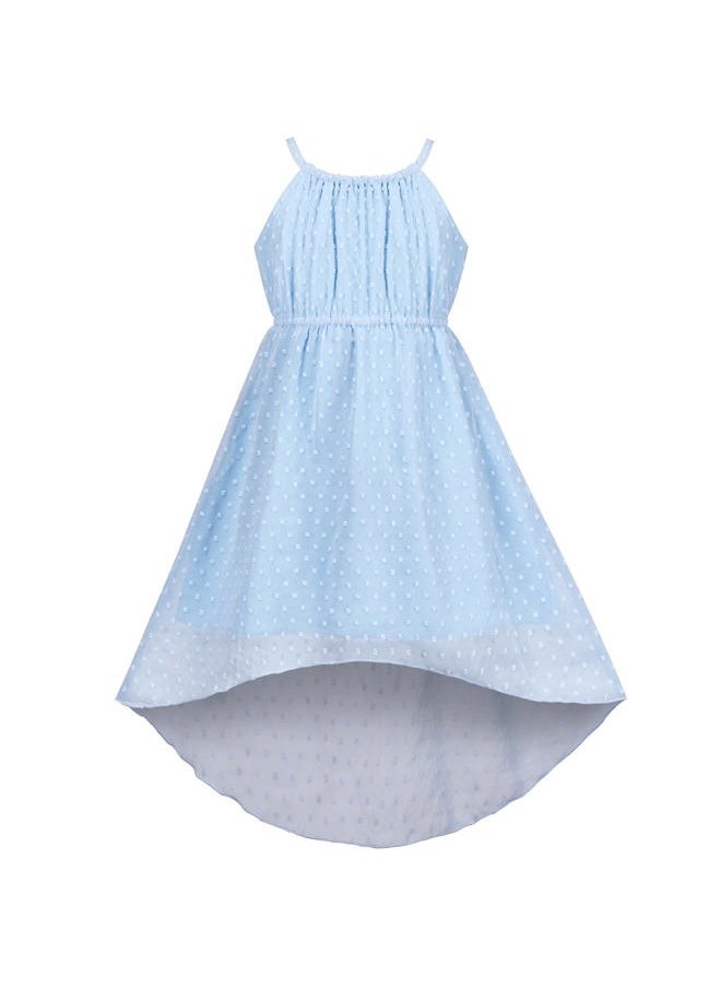 Sunny Fashion - Girls Dress Ice Blue Swiss Dot Hi-lo Halter Chiffon Wedding Sundress Size 12 - Image 1