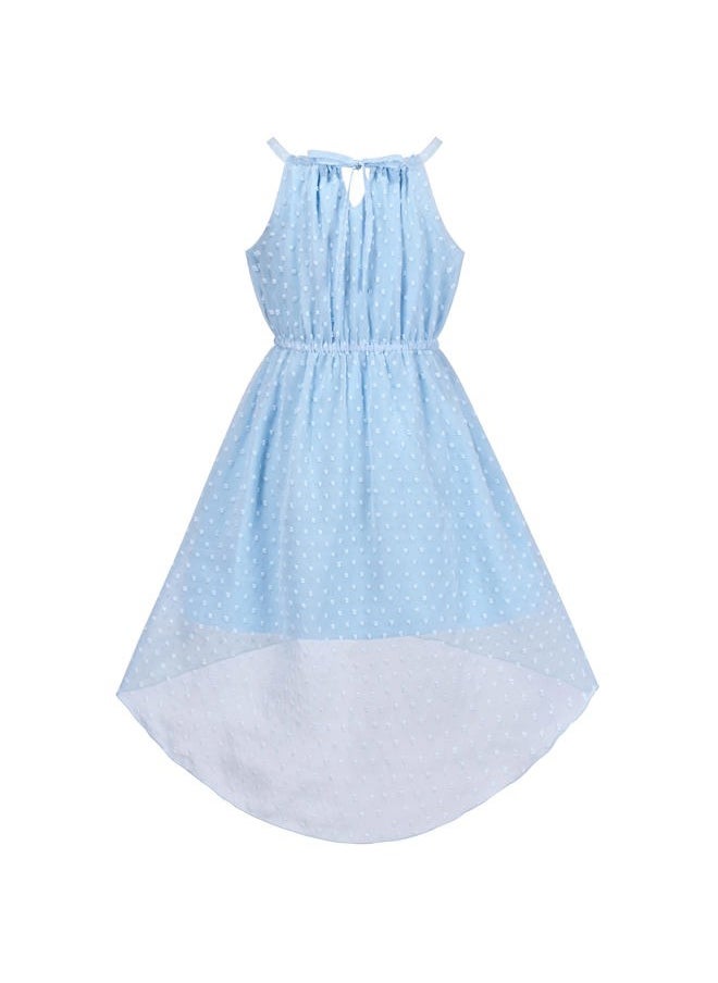 Sunny Fashion - Girls Dress Ice Blue Swiss Dot Hi-lo Halter Chiffon Wedding Sundress Size 12 - Image 1