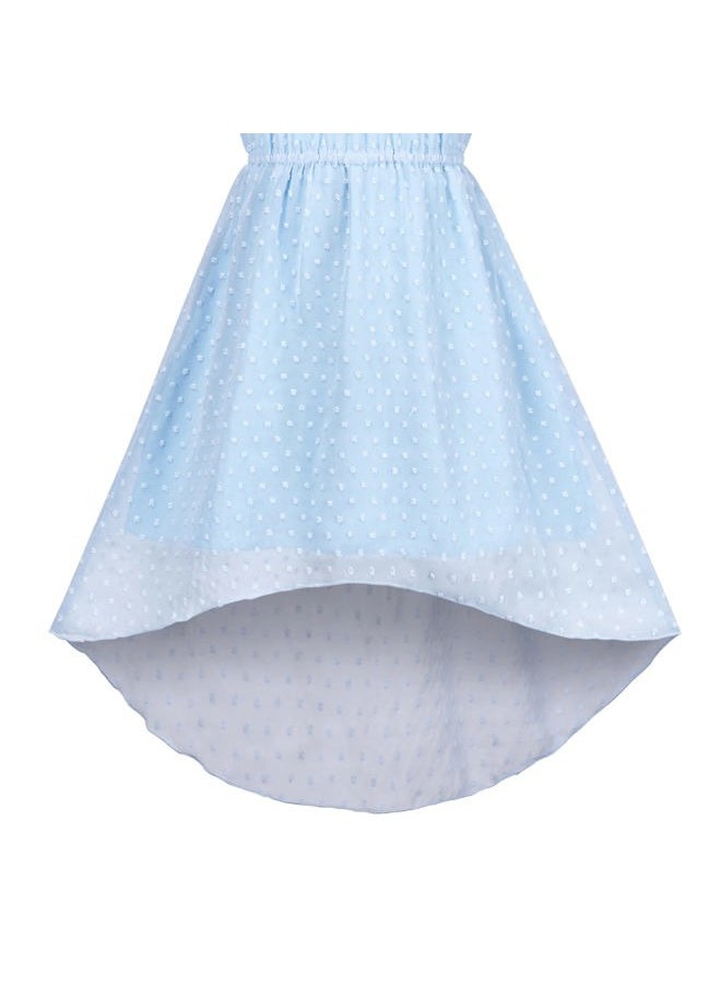 Sunny Fashion - Girls Dress Ice Blue Swiss Dot Hi-lo Halter Chiffon Wedding Sundress Size 12 - Image 1
