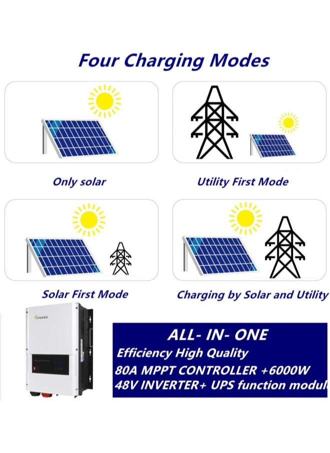 silvercnc - 48V 6kW Split Phase Solar Inverter ,Pure Sine Wave Off The Grid Solar Inverter , Supports 120/240V & WiFi Remote Monitoring，Built-in Growatt 80A MPPT Solar Charge Controller - Image 1