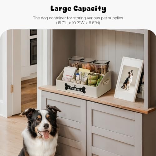 GreenPetopia Dog Treat Container Dogs Storage Organizer with Removable Dividers Collapsible Dogs Treat Holder for Countertop Trapezoid Pet Treats Containers Dog Toy Basket with PU Handles Medium Beige - Image 3