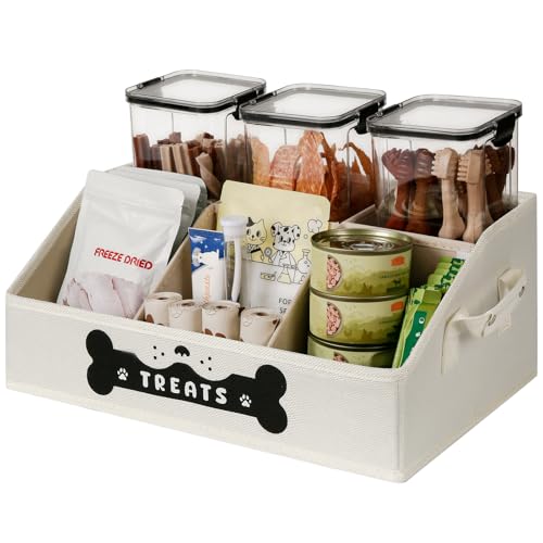 GreenPetopia Dog Treat Container Dogs Storage Organizer with Removable Dividers Collapsible Dogs Treat Holder for Countertop Trapezoid Pet Treats Containers Dog Toy Basket with PU Handles Medium Beige - Image 1