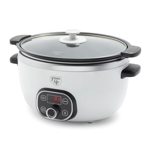 GreenLife GreenLife 6 Quart Ceramic Slow Cooker PFASFree Programmable Removable Healthy Nonstick Pot for large families Sear on Stovetop Keep Warm Digital Timer Dishwasher Safe Glass Lid  Crock White 