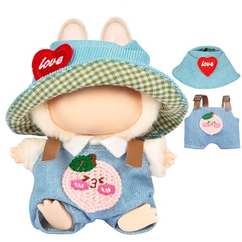 CHICHO 17cm Doll Outfits for Labubu Kawaii Chic Style Set for 17cm Dolls Cute Doll Clothes with Accessories White Shirt Pink Peach Blue Romper Heart Shaped Blue Hat Clothes Only - Image 1
