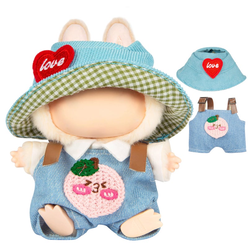 CHICHO 17cm Doll Outfits for Labubu Kawaii Chic Style Set for 17cm Dolls Cute Doll Clothes with Accessories White Shirt Pink Peach Blue Romper Heart Shaped Blue Hat Clothes Only - Image 2