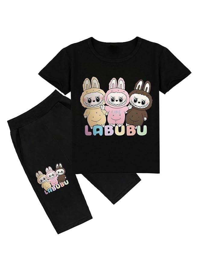 Arabest Girls Labubu Short Sleeve Shorts Set, Round Neck, Cartoon Print, Casual
