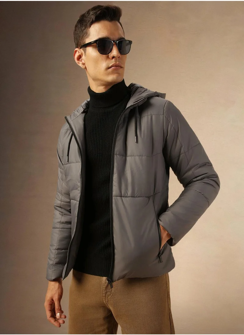 Dennis Lingo Men's Grey 100% Polyester Solid Regular Fit Jacket