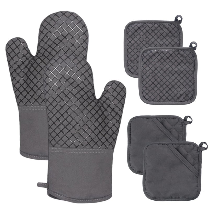 4 Pcs Oven Mitts and Pot Holders500F High Heat Resistant Kitchen Oven Mitts with Pot holdersLong Oven Mitts with Recycled Cotton Infill and Silicone NonSlip Surface for Baking and CookingGrey