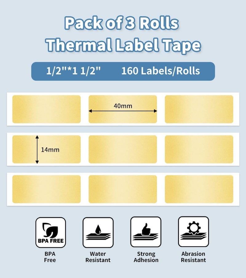 Phomemo D30 Label Tape, for D30 D35 Q30 Q30S Q31 Q32 Label Maker, Black on Glitter Transparent Gold Sticker Thermal Paper Self-Adhesive, 14mm x 40mm (1/2" x11/2) 160 Tapes/Roll, 3 Rolls - Image 2