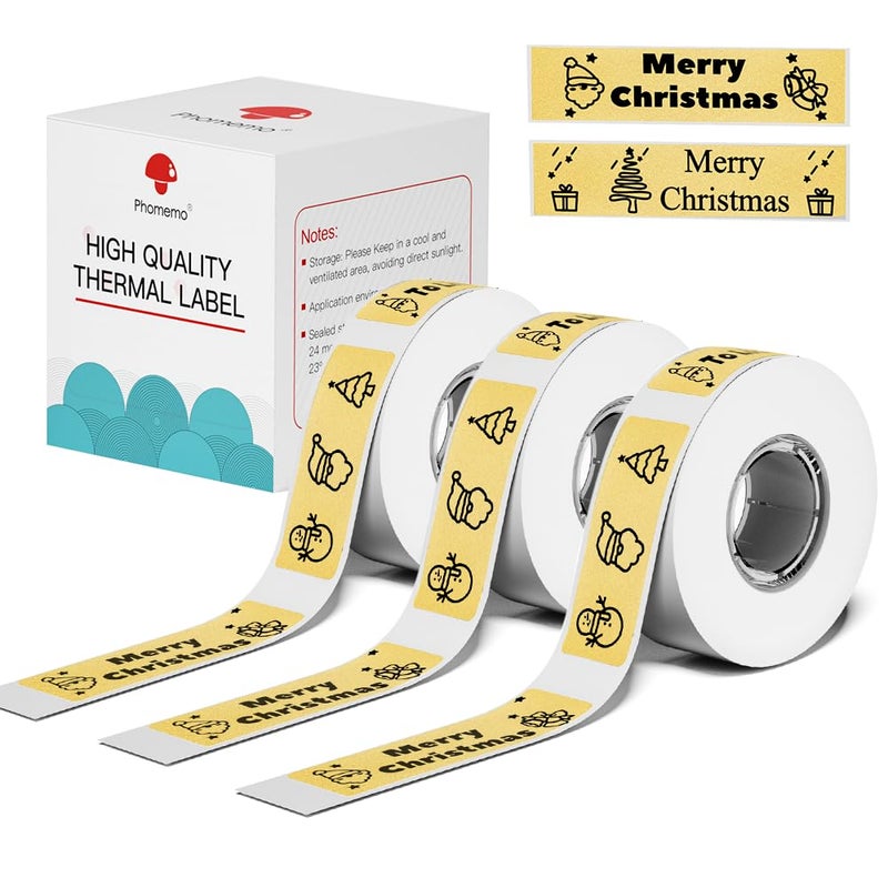 Phomemo D30 Label Tape, for D30 D35 Q30 Q30S Q31 Q32 Label Maker, Black on Glitter Transparent Gold Sticker Thermal Paper Self-Adhesive, 14mm x 40mm (1/2" x11/2) 160 Tapes/Roll, 3 Rolls - Image 1