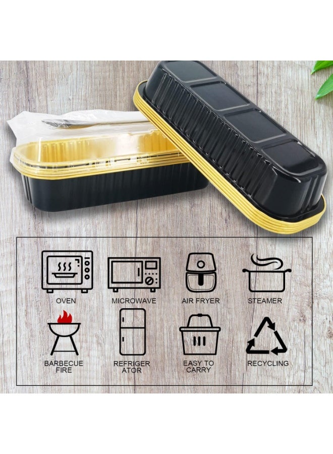 سوفام 50 أواني رغيف صغيرة من رقائق الألمونيوم بأغطية وملاعق، أكواب خبز مستطيل مساحتها 6.8 أوقية علب كعك بأغطية، علب خبز قابلة للتخلص منها حاملات أواني الخبز الصغيرة لخبز الكيك الصغير (أسود ذهبي) - Image 3