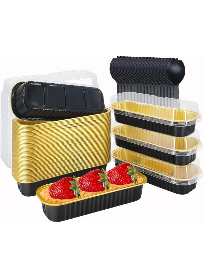 سوفام 50 أواني رغيف صغيرة من رقائق الألمونيوم بأغطية وملاعق، أكواب خبز مستطيل مساحتها 6.8 أوقية علب كعك بأغطية، علب خبز قابلة للتخلص منها حاملات أواني الخبز الصغيرة لخبز الكيك الصغير (أسود ذهبي) - Image 1