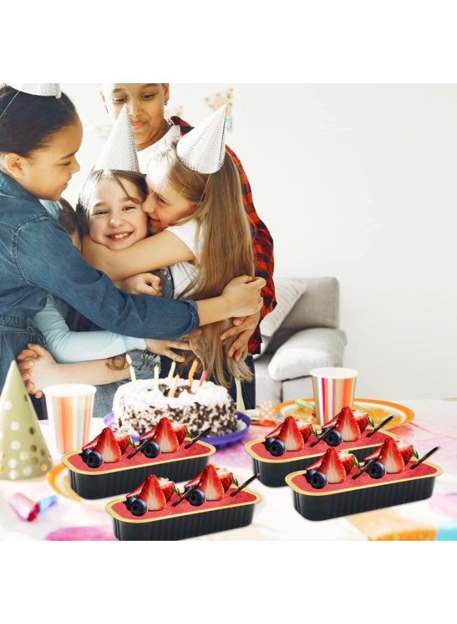 سوفام 50 أواني رغيف صغيرة من رقائق الألمونيوم بأغطية وملاعق، أكواب خبز مستطيل مساحتها 6.8 أوقية علب كعك بأغطية، علب خبز قابلة للتخلص منها حاملات أواني الخبز الصغيرة لخبز الكيك الصغير (أسود ذهبي) - Image 4