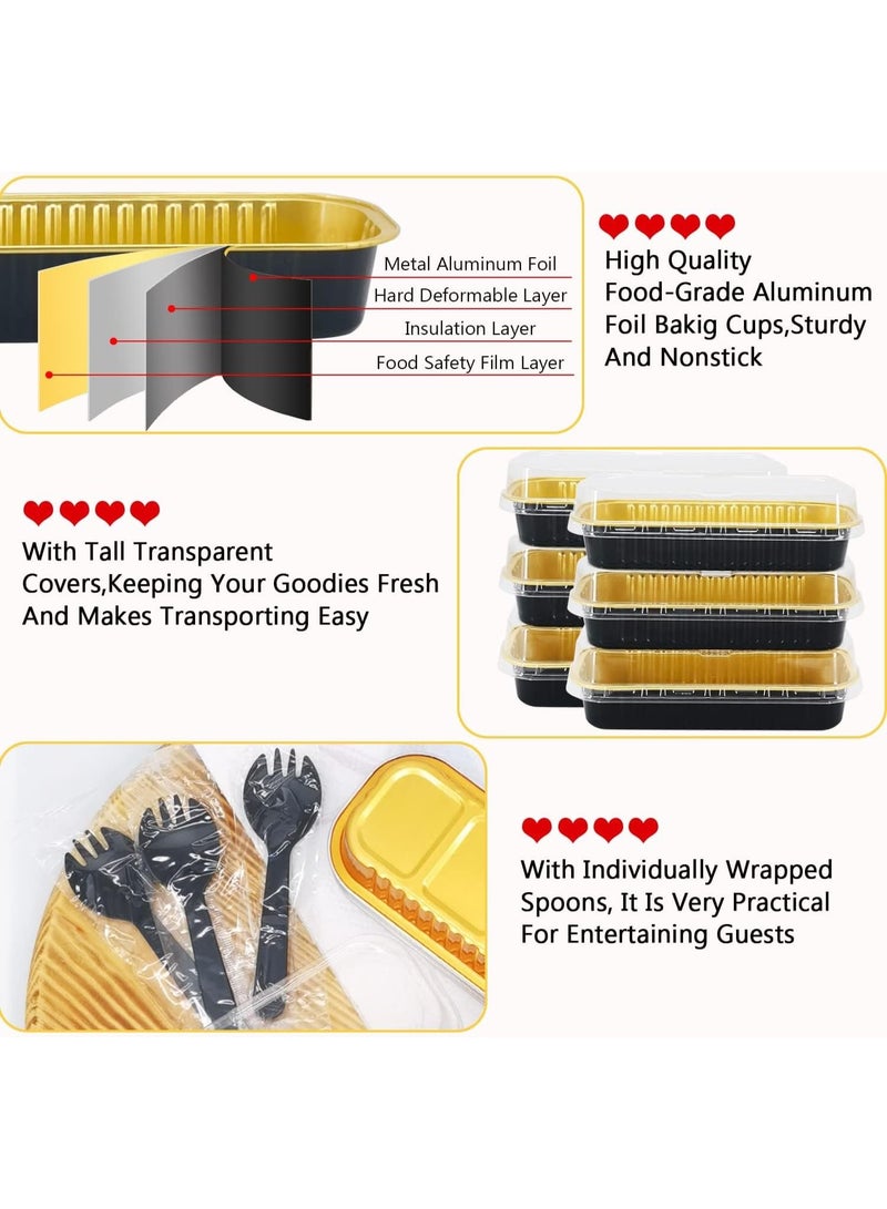 سوفام 50 أواني رغيف صغيرة من رقائق الألمونيوم بأغطية وملاعق، أكواب خبز مستطيل مساحتها 6.8 أوقية علب كعك بأغطية، علب خبز قابلة للتخلص منها حاملات أواني الخبز الصغيرة لخبز الكيك الصغير (أسود ذهبي) - Image 2