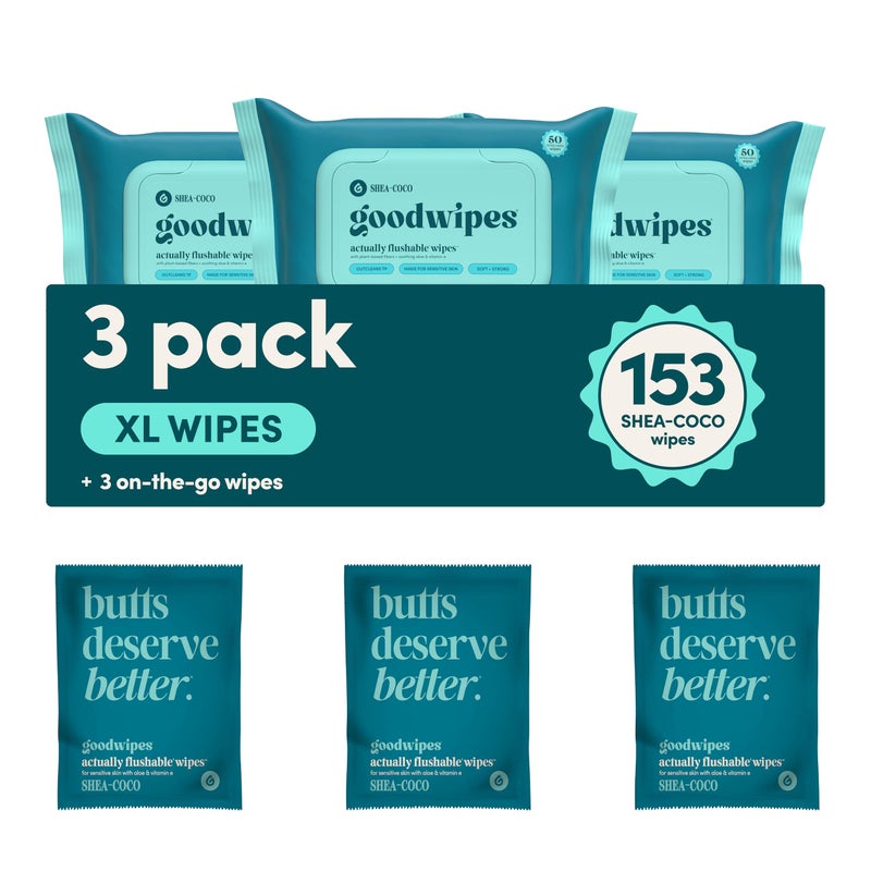 goodwipes Flushable Butt Wipes - Vitamin E & Aloe - Sewer & Septic Safe - Extra Large Adult Wet Wipes For Women & Men - Bathroom Essentials - Shea-Coco, 153 Count (3 Packs + 3 Individually Wrapped) - Image 1