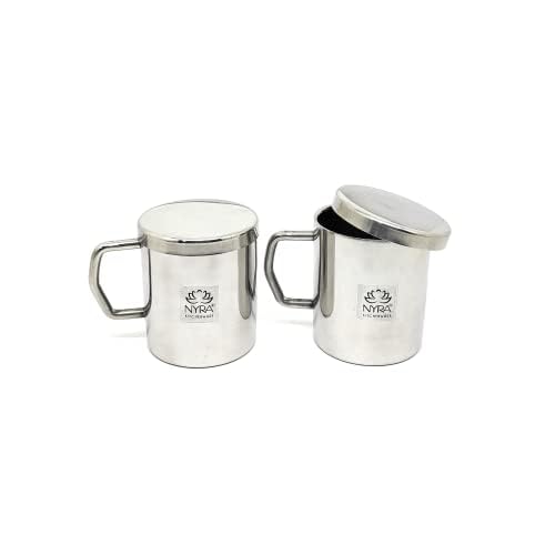 NYRA Stainless Steel Double Walled Insulated Cup 300 ML Coffee and Tea Mug with Lid and Handle Hotel Home Restaurant Multipurpose Mug Set of 2 Pcs - Image 1