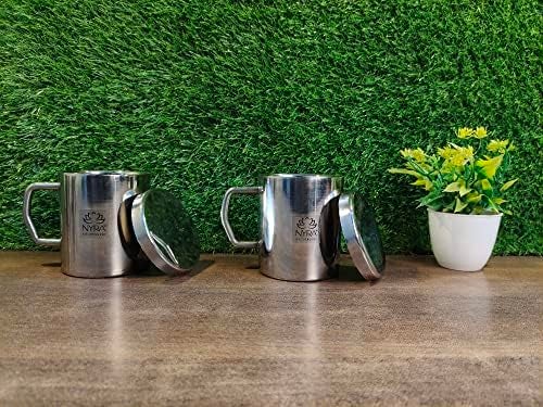 NYRA Stainless Steel Double Walled Insulated Cup 300 ML Coffee and Tea Mug with Lid and Handle Hotel Home Restaurant Multipurpose Mug Set of 2 Pcs - Image 2